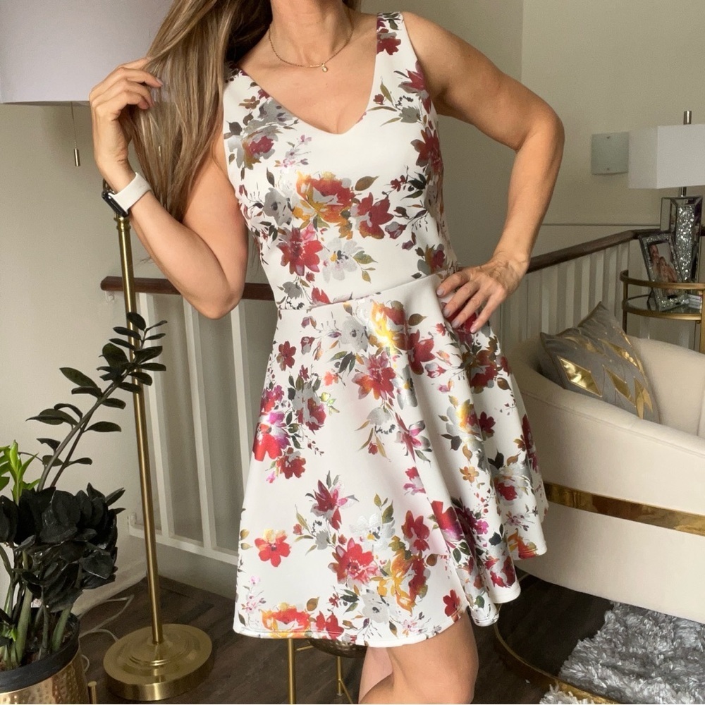 Aqua Floral White Red V Neck Fit and Flare Sleeveless Short Dress Open V Back L